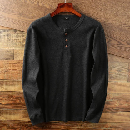 Relaxed fit waffle knit henley long sleeve top for men | Ardin