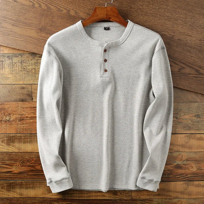 Relaxed fit waffle knit henley long sleeve top for men | Ardin