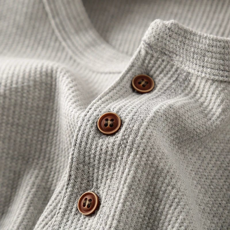 Relaxed fit waffle knit henley long sleeve top for men | Ardin