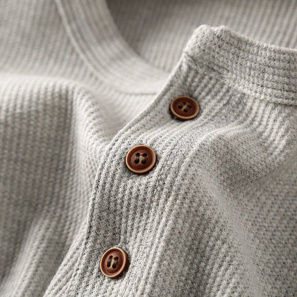 Relaxed fit waffle knit henley long sleeve top for men | Ardin