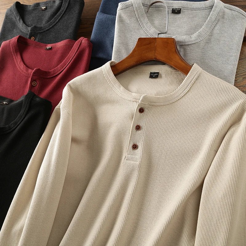 Relaxed fit waffle knit henley long sleeve top for men | Ardin