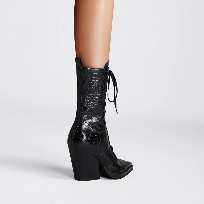 Western-inspired lace-up block heel boots for women | Izzy Ryder