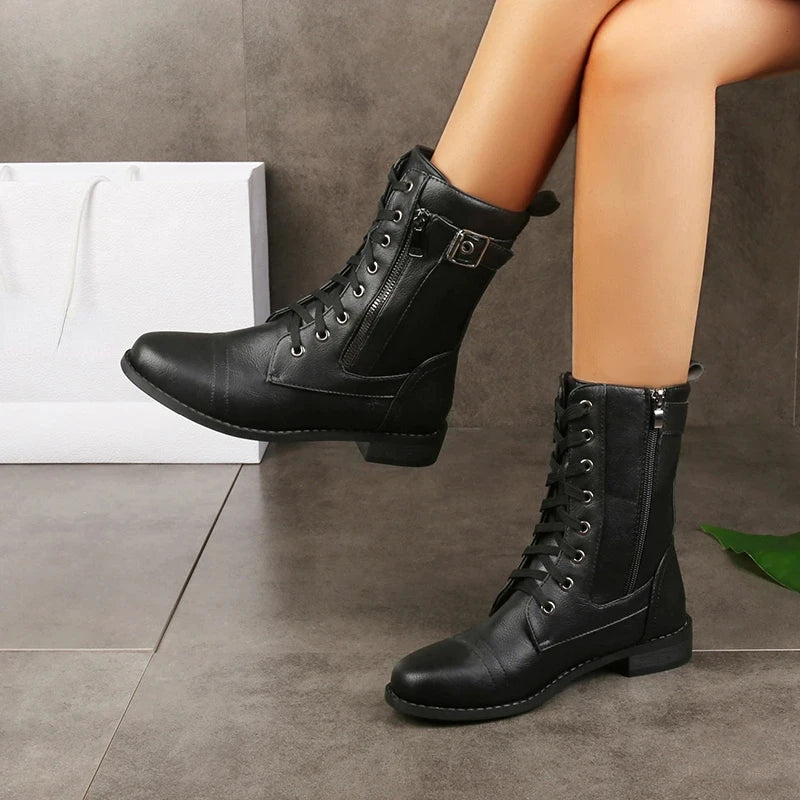 Durable lace-up leather everyday boots for women | Brandy -4