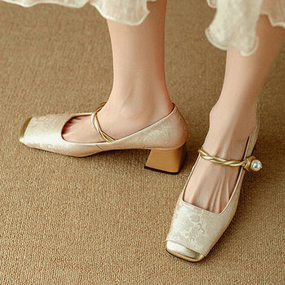 Floral embossed square toe block heels for women | Casvian Fleur
