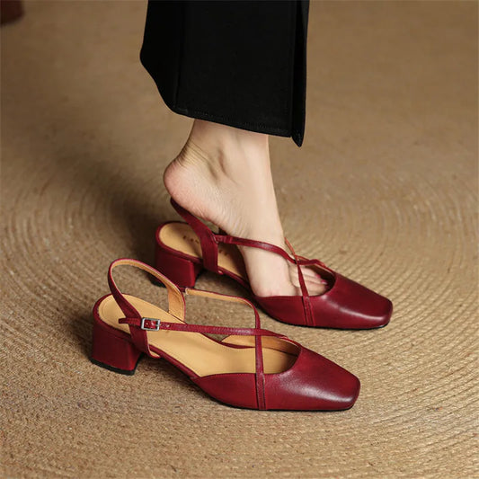 Classic block heel leather strap heels for women | Cecelia -1