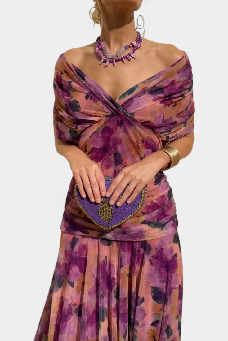 Romantic long floral pleated dress with flowing silhouette for women | Eloria