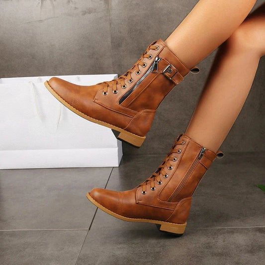 Durable lace-up leather everyday boots for women | Brandy -1