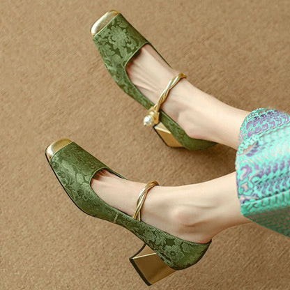 Floral embossed square toe block heels for women | Casvian Fleur