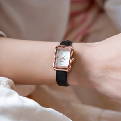 Classic slim rectangular leather strap wristwatch for women | Aurora -7