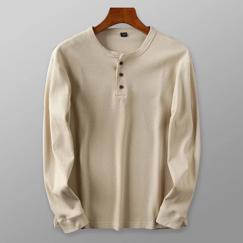 Relaxed fit waffle knit henley long sleeve top for men | Ardin