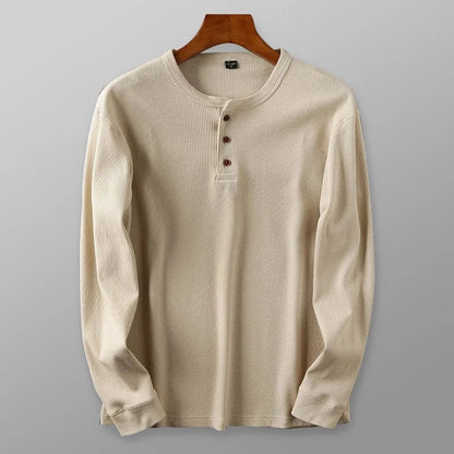 Relaxed fit waffle knit henley long sleeve top for men | Ardin