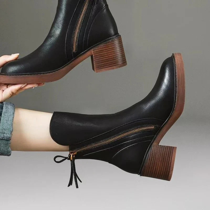 Elegant block heel leather ankle boots for women | Selene -9