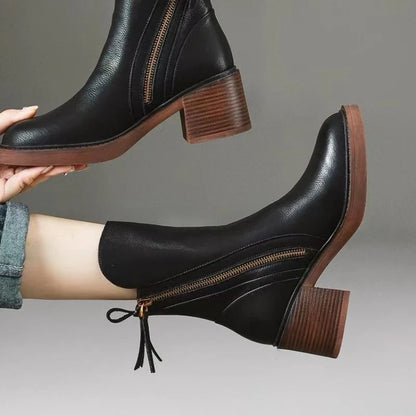 Elegant block heel leather ankle boots for women | Selene -9