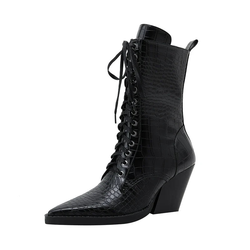 Western-inspired lace-up block heel boots for women | Izzy Ryder