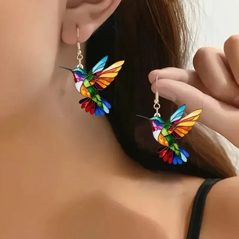 Stained glass hummingbird enamel earrings for women | Aurora Finch