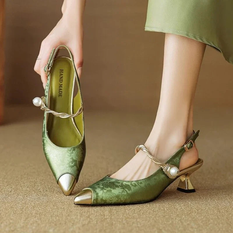 Pearl strap slingback pumps with sculpted flared heel for women | Elowire