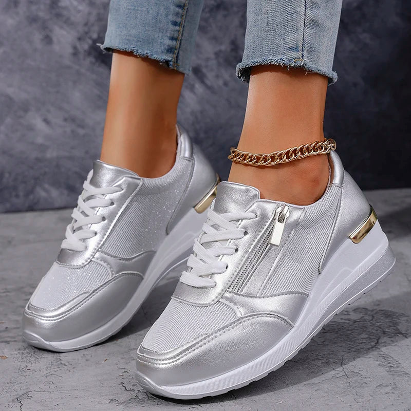 Metallic platform sneakers with side zipper for women | Stellar Surge