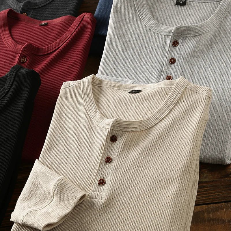Relaxed fit waffle knit henley long sleeve top for men | Ardin