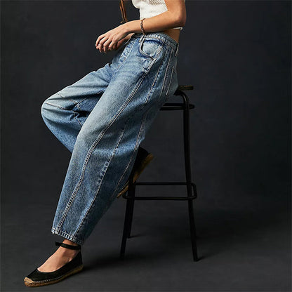 Mid rise barrel leg jeans with sculpted knee darts for women | Elira