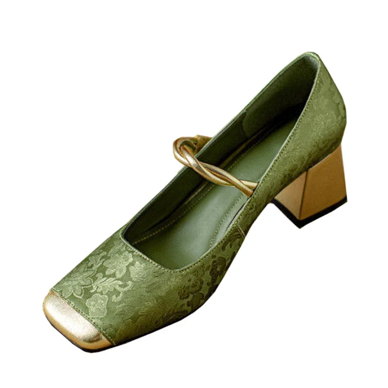 Floral embossed square toe block heels for women | Casvian Fleur