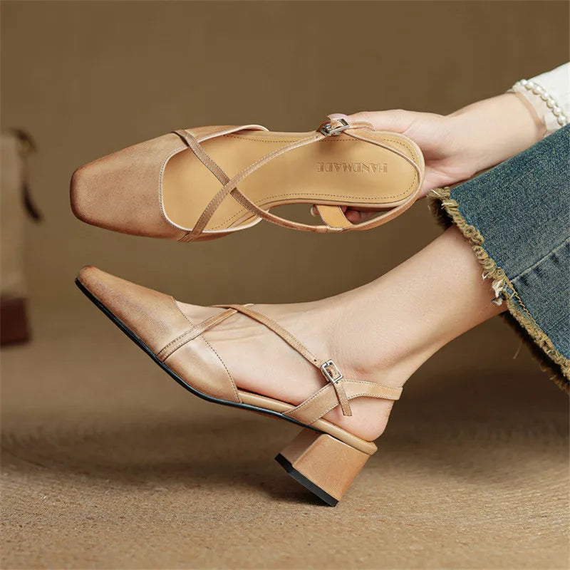 Classic block heel leather strap heels for women | Cecelia -11