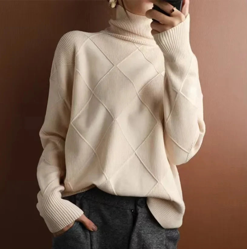Diamond knit turtleneck sweater for women | Allegra Lumière