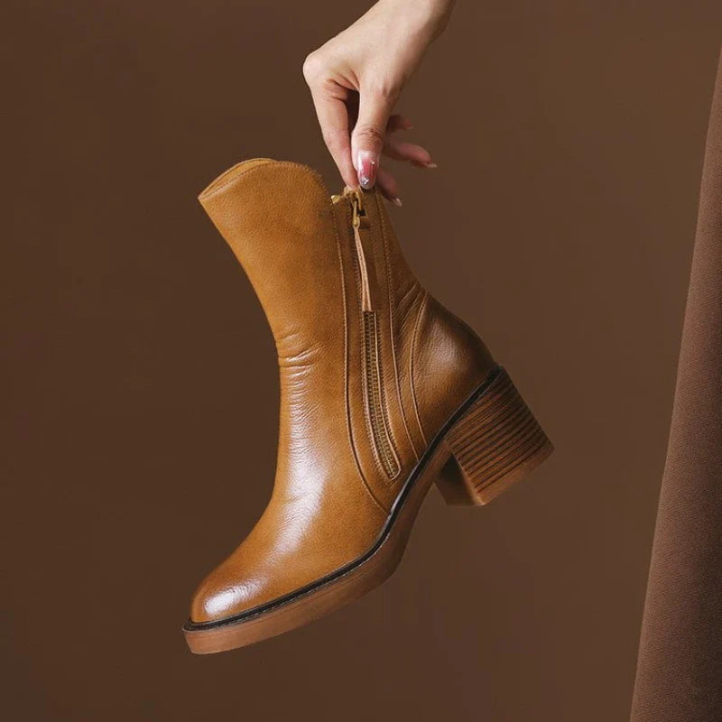 Elegant block heel leather ankle boots for women | Selene -2