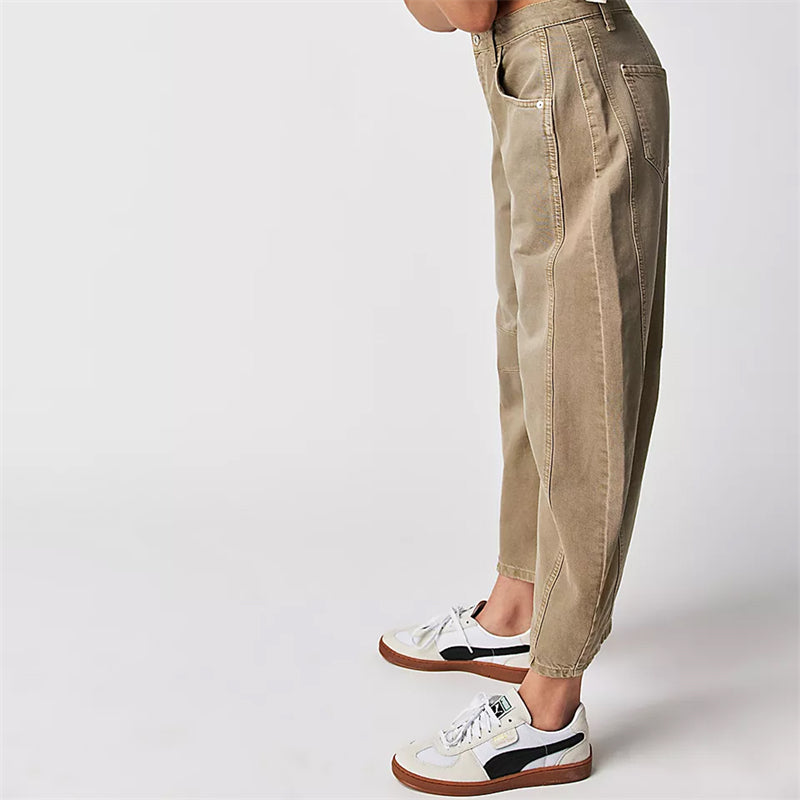 Mid rise barrel leg jeans with sculpted knee darts for women | Elira