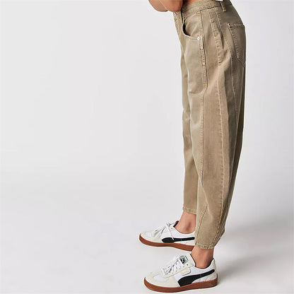 Mid rise barrel leg jeans with sculpted knee darts for women | Elira
