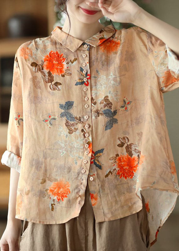 Peter-pan collar print cotton blouse for women -1