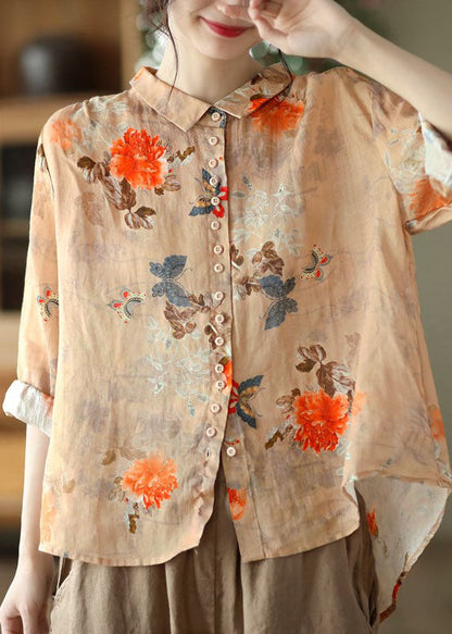 Peter-pan collar print cotton blouse for women -1