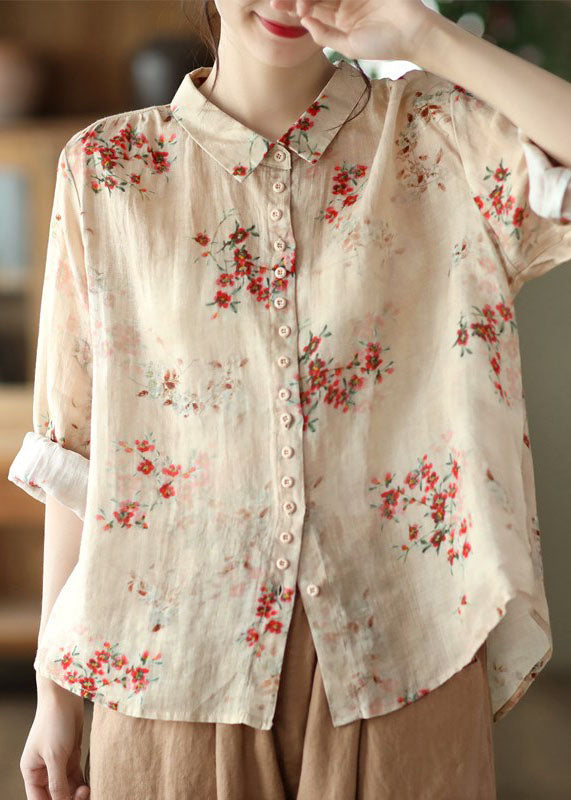 Peter-pan collar print cotton blouse for women -2