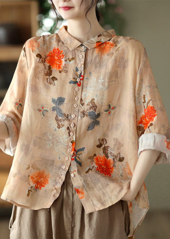 Peter-pan collar print cotton blouse for women -3
