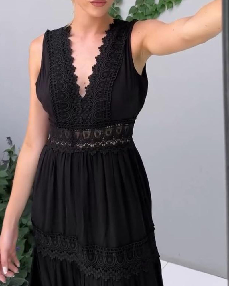 Elegant lace midi dress with V neck and open back for women | Aurélie