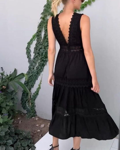 Elegant lace midi dress with V neck and open back for women | Aurélie