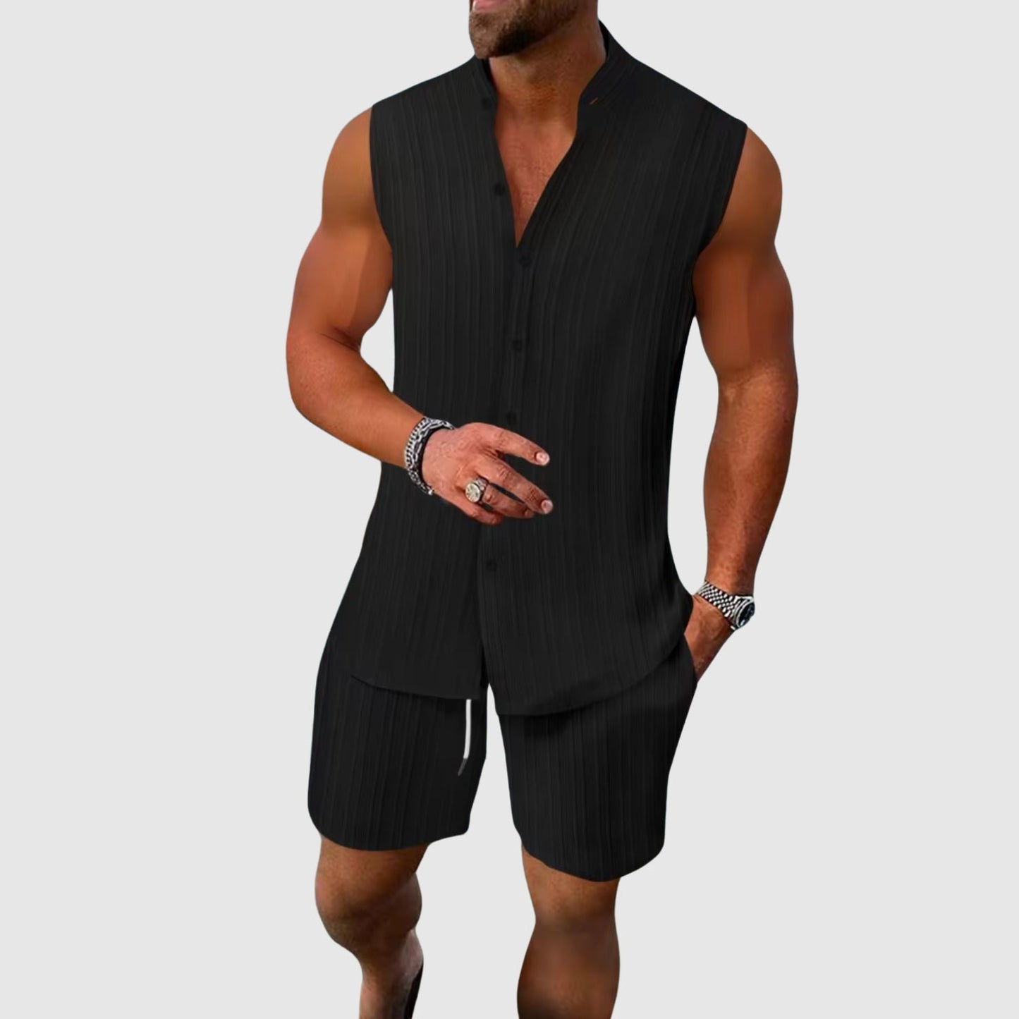 Striped sleeveless vest and drawstring pants set for men | Terraza Soft Duo