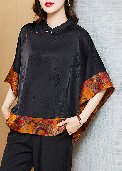 Vintage mandarin-collar jacquard silk blouse for women -1