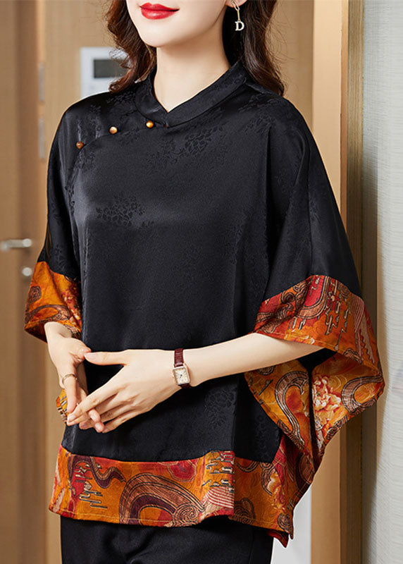 Vintage mandarin-collar jacquard silk blouse for women -2
