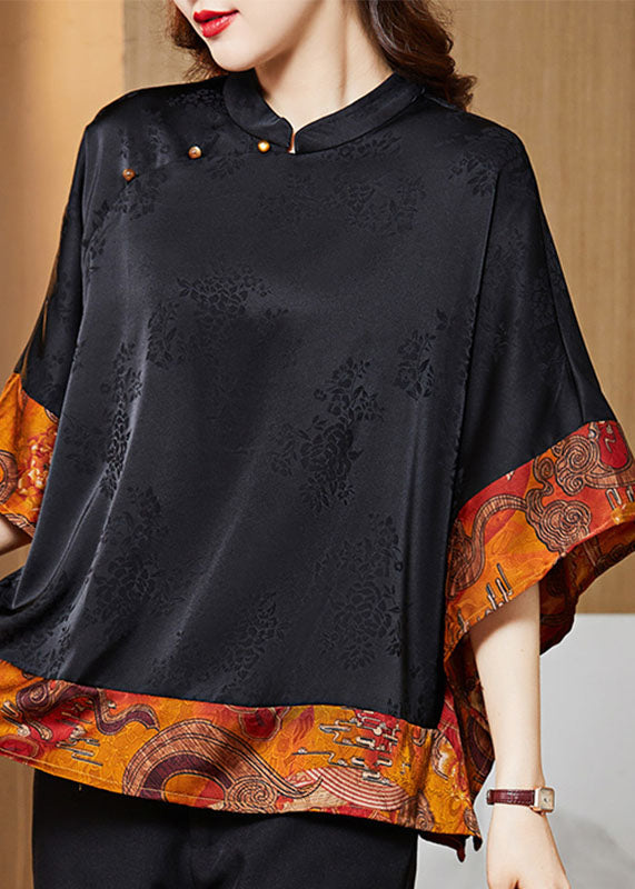 Vintage mandarin-collar jacquard silk blouse for women -4