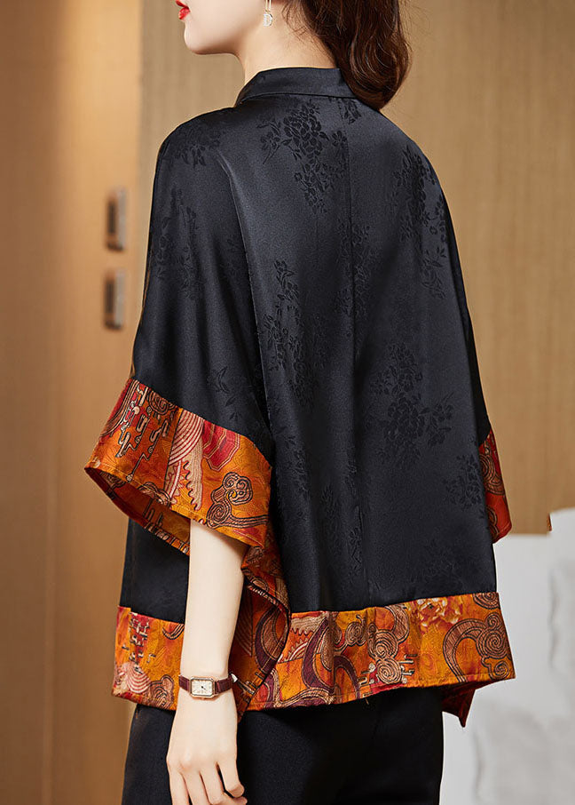 Vintage mandarin-collar jacquard silk blouse for women -5