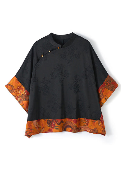 Vintage mandarin-collar jacquard silk blouse for women -9
