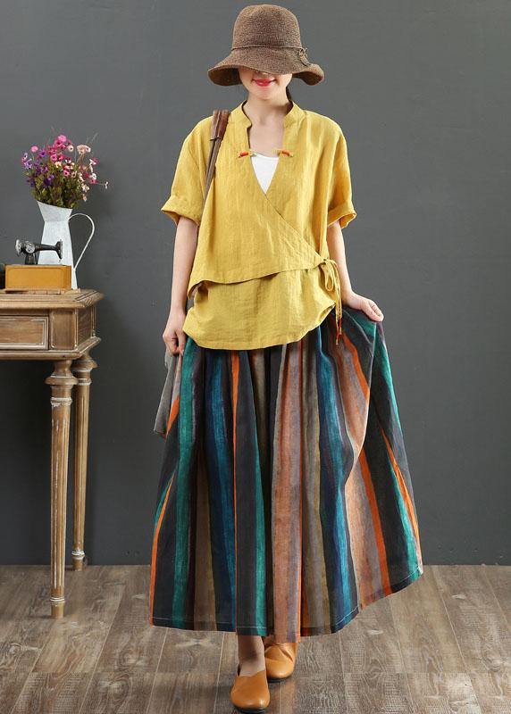 Retro a-line striped linen midi skirt for women -4
