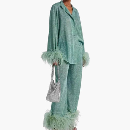 Elegant feather-trim button-front set for women -3