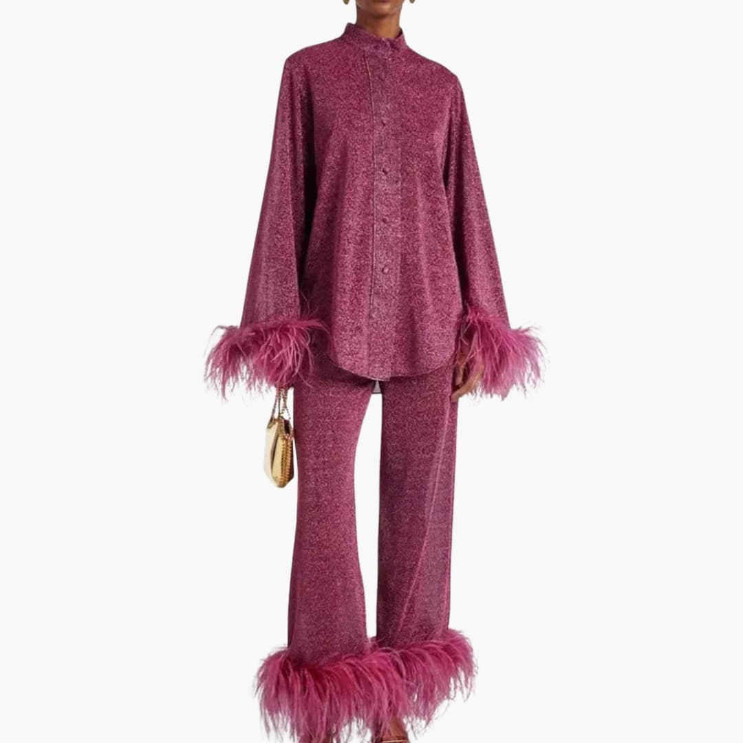 Elegant feather-trim button-front set for women -2