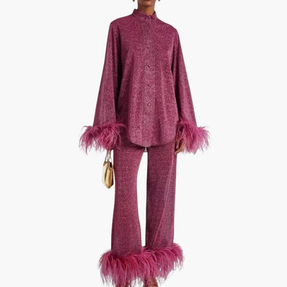 Elegant feather-trim button-front set for women -2