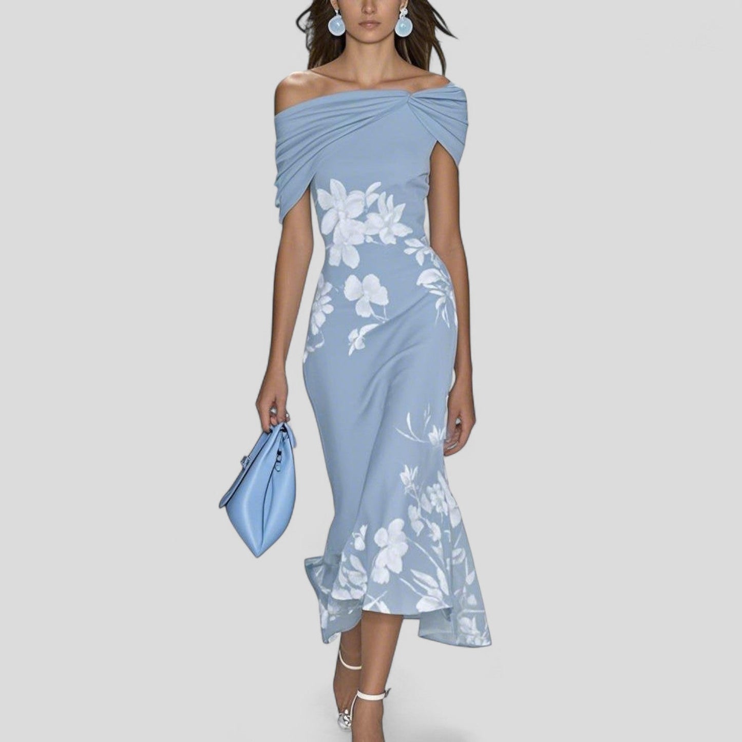 Elegant Printed Midi Dress Flowing Silhouette for women | Elara