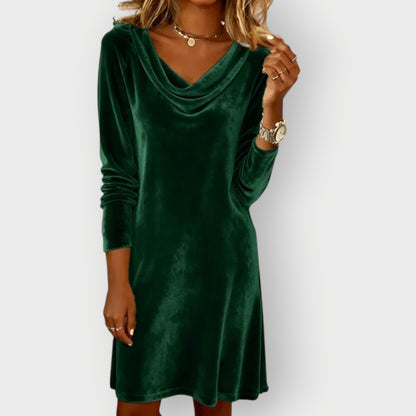 Elegant drape neck velvet evening dress with flowing silhouette for women | Kathleen