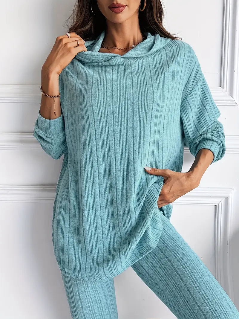 Ribbed knit lounge set with hooded top and high waist leggings for women | Camden