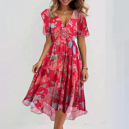 Floral chiffon midi dress with flutter sleeves for women | Elara