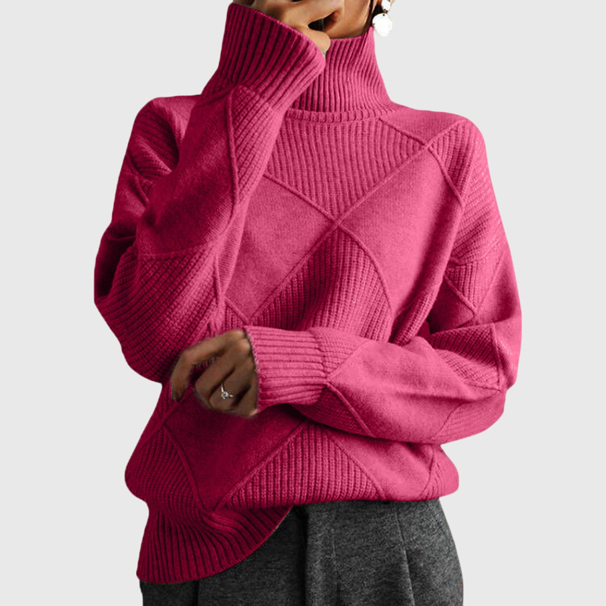 Geometric pattern turtleneck sweater with relaxed silhouette for women | Angela